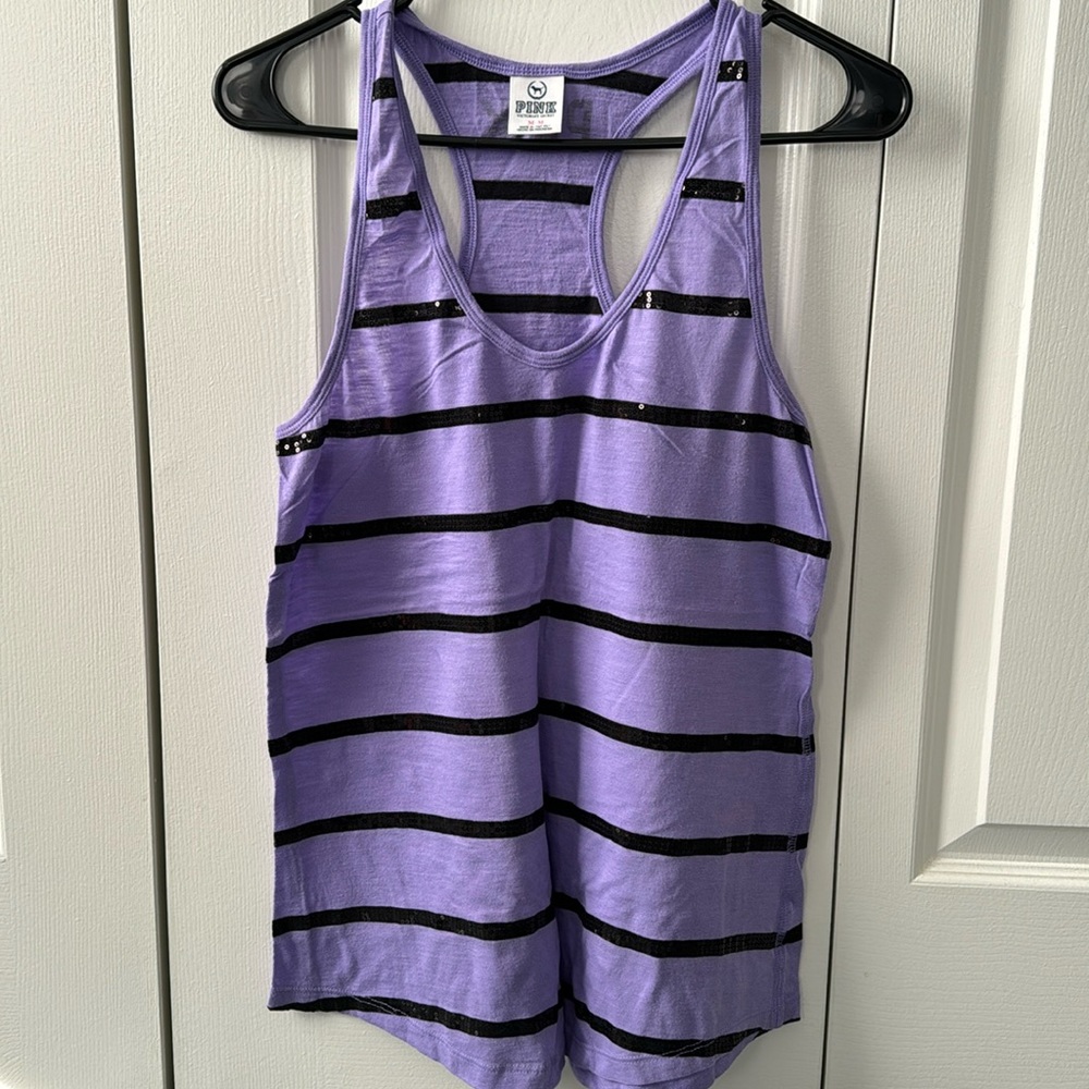PINK Victoria’s Secret purple and black sequin striped tank top